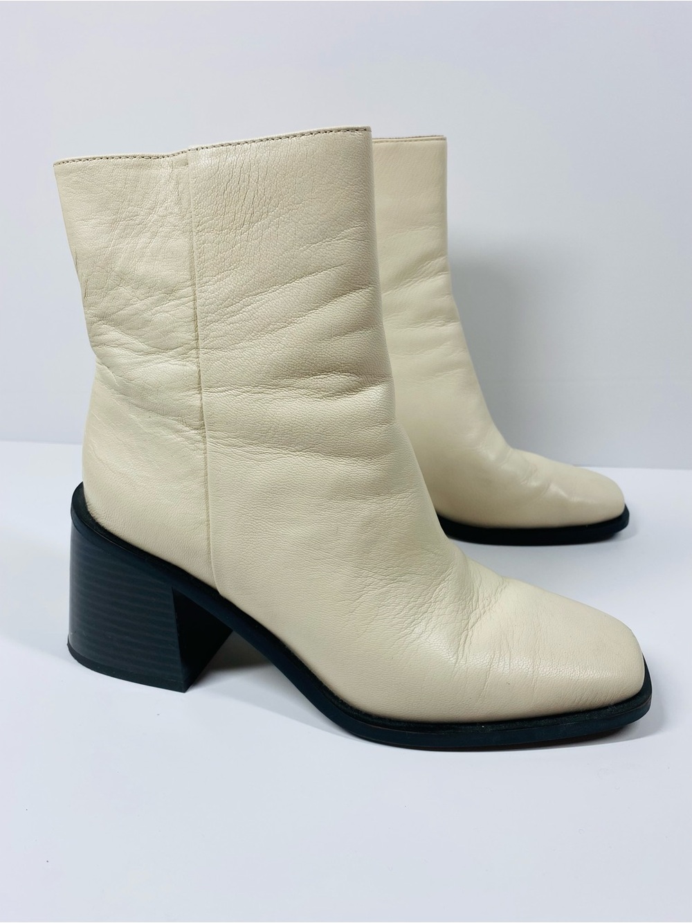 Sam Edelman Cream Leather Block Heel Ankle Boots
